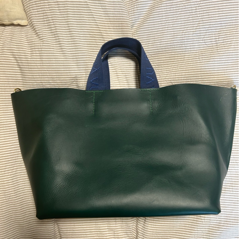 Clare V. - Bateau Green Leather Tote Bag with Navy Handles
